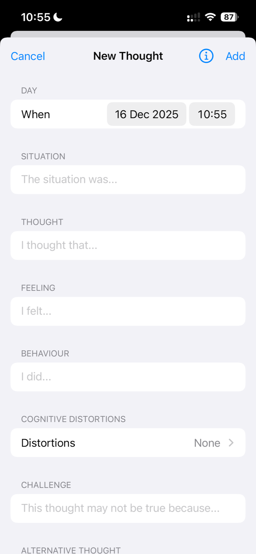 New Thought screen with fields for situation, thought, feeling, behavior, cognitive distortions, and challenge