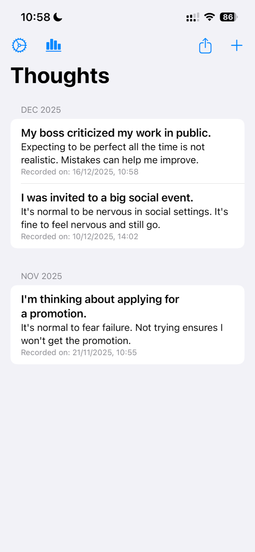 Thoughts history screen showing balanced alternative thoughts organized by month